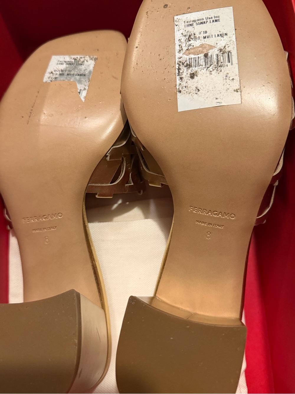 FERRAGAMO Gancini Erne 55 Metallic Gold Laser Cut Leather Slide Sandals 8 - Picture 9 of 11